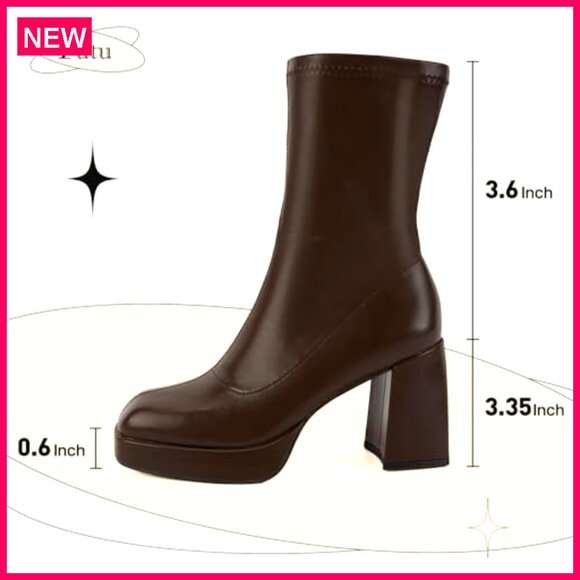 Platform Ankle Boots, Square Toe, Chunky Heel, Pull-On Design, Size 7 - Picture 7 of 7